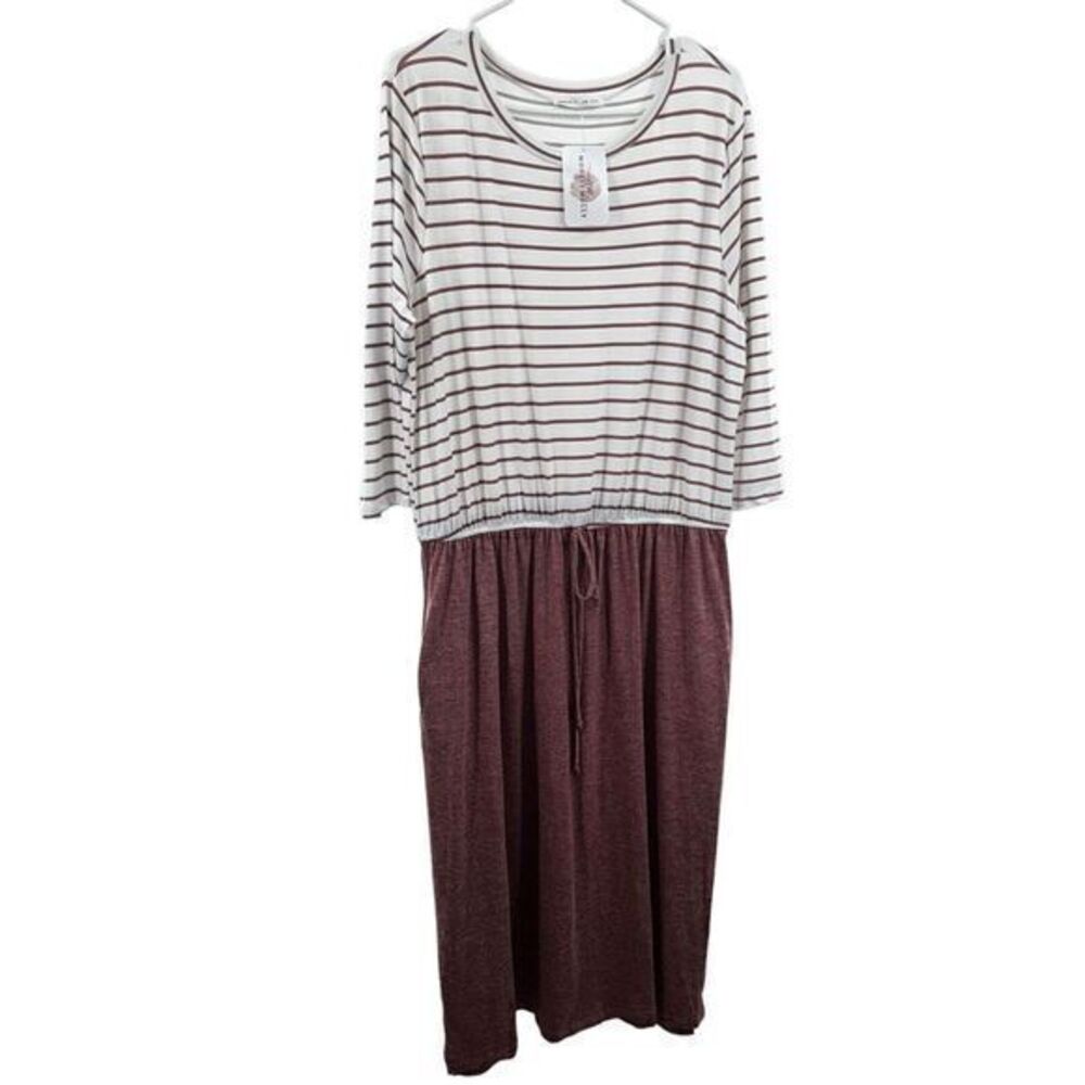 Reborn J Plus Size 2X-Large Striped A-Line Tie Waist 3/4 Sleeve Stretch Pockets